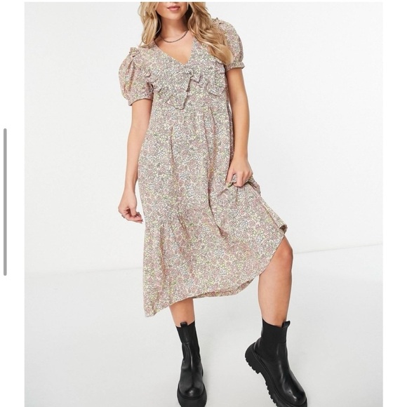 Monki floral print tiered midi dress w statement collar in multi floral print XS - Picture 3 of 15